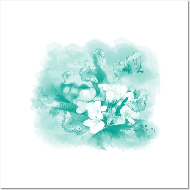 Butterflies and tropical flowers in stunning teal colour Wall Art by hereswendy